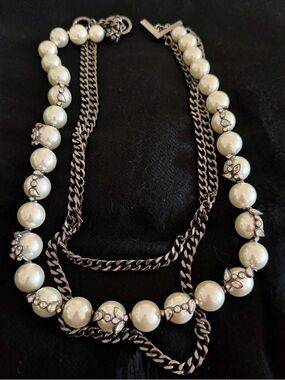 NEW, Vintage SIGNED GIVENCHY Faux pearl Crystal/Rhinestones, Gunmetal Chain.